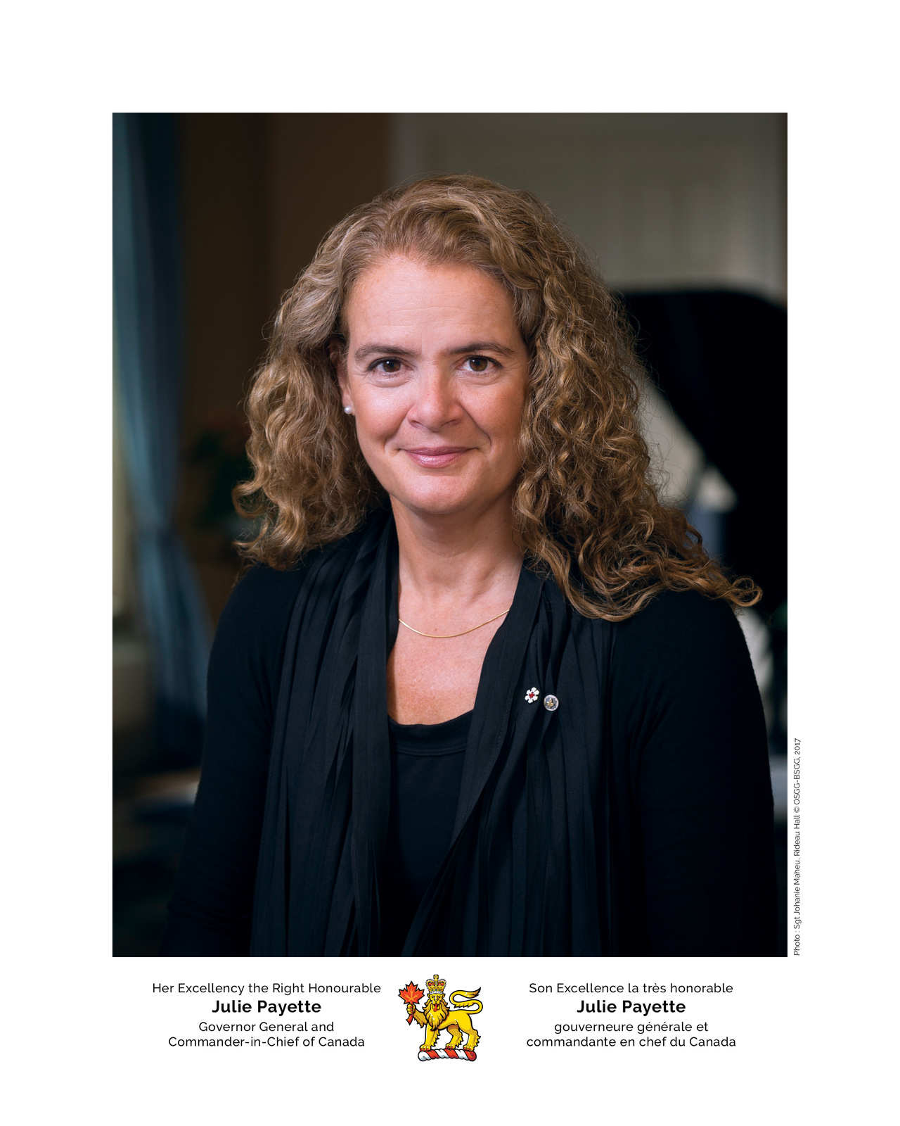 Son Excellence la très honorable Julie Payette, gouverneure générale et commandante en chef du Canada. Photo: Sgt Johanie Maheu, Rideau Hall © OSGG-BSGG, 2017