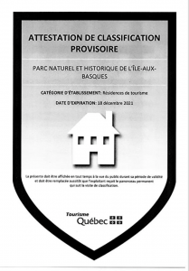 Attestation de classification provisoire Tourisme Québec